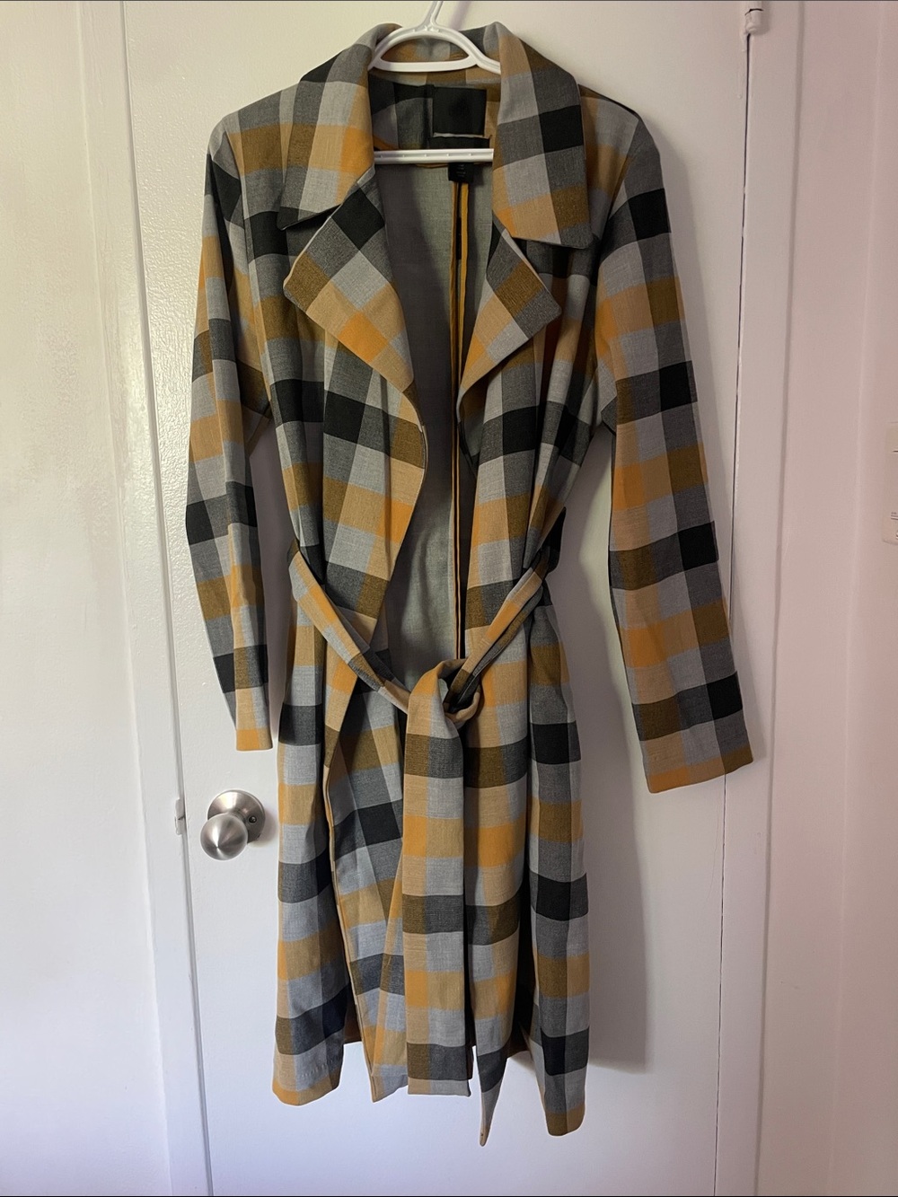 Plaid Trench Coat in Mustard & Gray - Women's Trench
